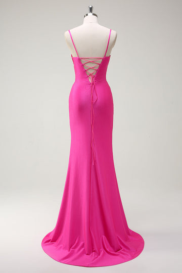 Fucsia Spaghetti Straps Mermaid Abito lungo da cerimonia con fessura